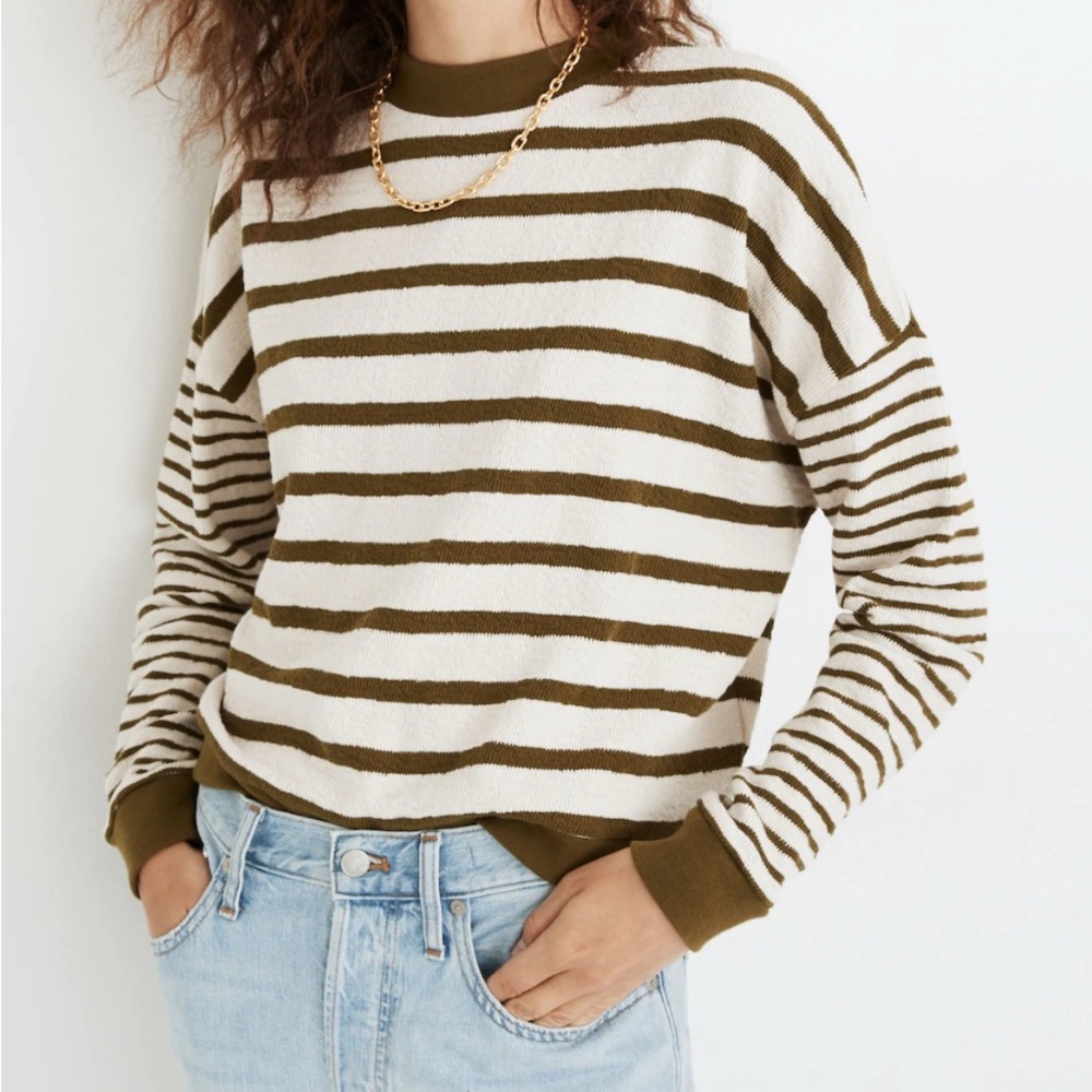 NWT Madewell Women’s Green Stripe-Play Knit Top Crewneck Sweater Size L